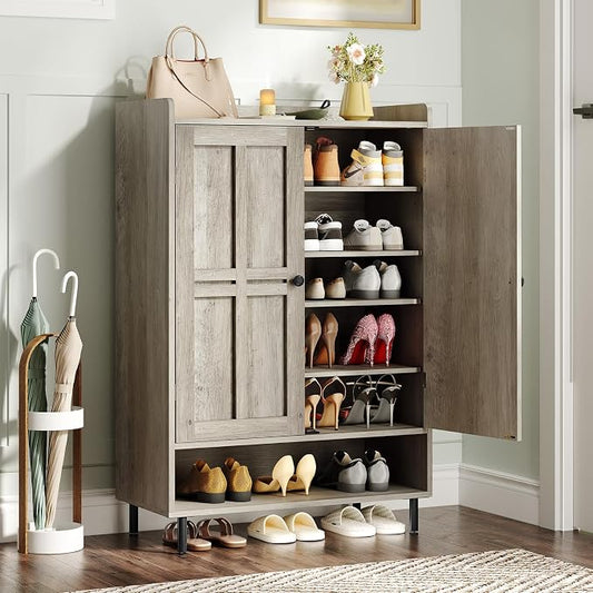 ONBRILL Shoe Cabinet with Cross Molding Doors, 6-Tier Shoe Storage Cabinet with 3 Adjustable Shelves and Metal Legs, 45'' Tall Shoes Rack Organizer Cabinet for Entryway, Front Door, Gray Wash