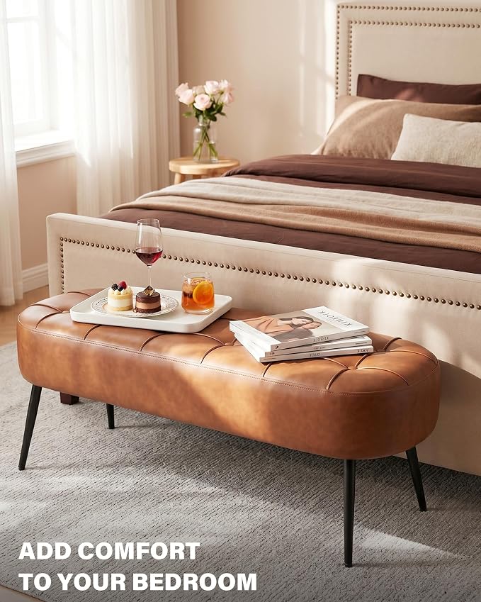 Entryway Bench, Modern PU Leather Upholstered End of Bed Bench Brown | Shoe Bench with Tufted Seat, 660 lb Capacity, Sturdy Metal Legs, Mid-Century Style, For Hallway, Living Room, Bedroom, Foyer