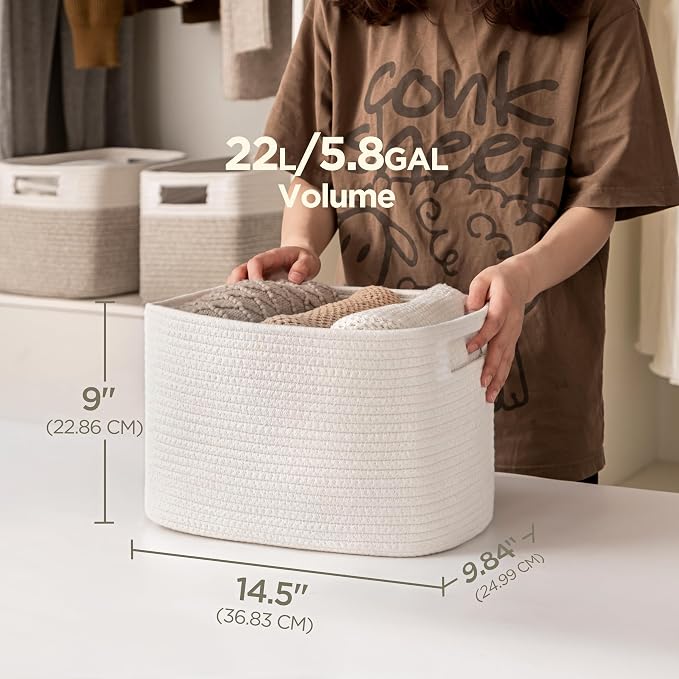4 Pack Storage Baskets for Organizing, Shelf Baskets with Handles, White | 14.5"Lx9.8"Wx9"H, Woven Basket, Cotton Rope Basket, Toy Storage, Cube Shelf, Gift Baskets Empty, Home Decor