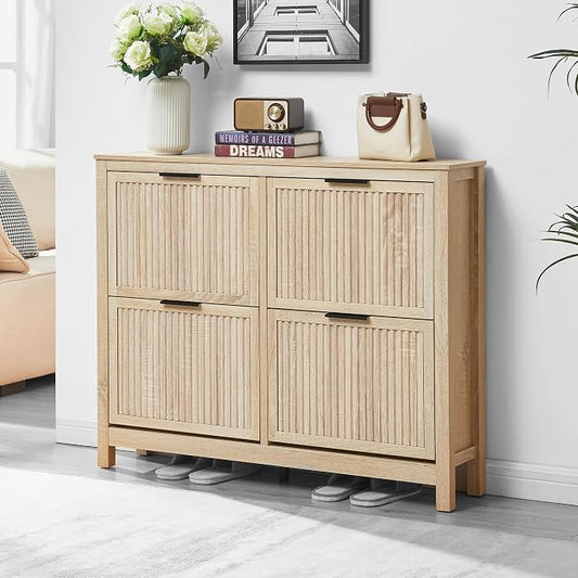 4-Flip Drawer Shoe Cabinet Narrow Entryway Rack, Oak | Vertical Wood Grain, Metal Handles, Adjustable Compartments, Removable Shelf, Anti-Tip Device, for Hallway Foyer Entryway