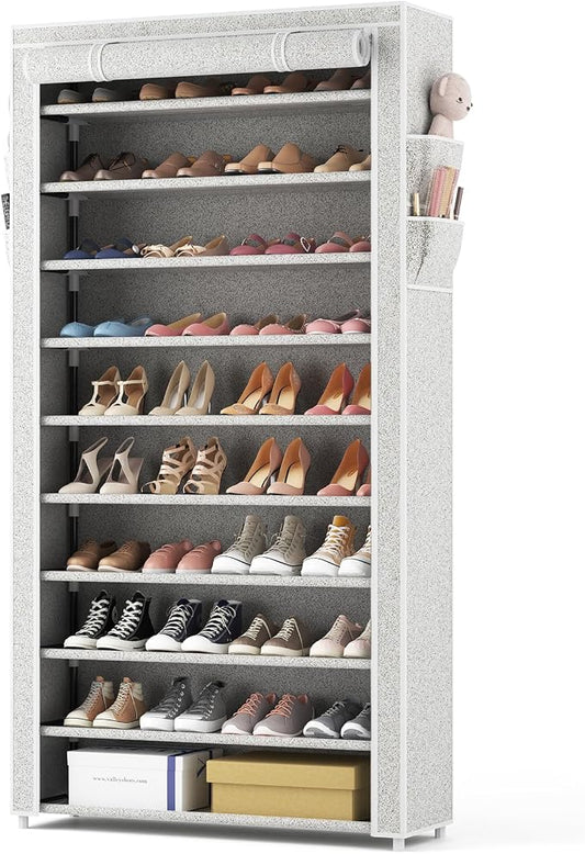 ROJASOP 10 Tier Shoe Rack with Covers Large Capacity Stackable Tall Shoe Shelf Storage for 50-55 Pairs Shoe and Boot, Sturdy Free Standing Shoe Rack Organizer for Closet, Entryway, Bedroom, Printing