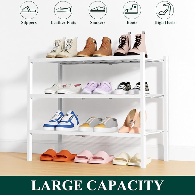 Smiry Bamboo Shoe Rack, 14 Vertical Slats, 3 Tier - 26.8" Wide, White | Stackable Free Standing Wooden Shoe Organizer, Wood Shoe Storage Shelf for Closet, Entryway, Thicher Leg