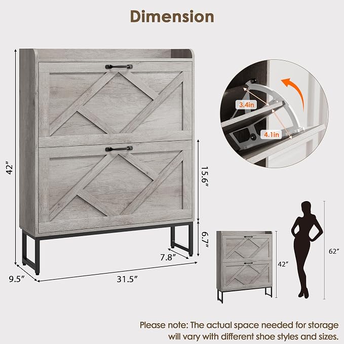 Nicetree Shoe Storage Cabinet with 2 Flip Drawers, Entryway Organizer, Gray | Slim Shoe Cabinet with Metal Legs, Narrow Farmhouse Shoe Organizer for Entryway, Foyer, Hallway, Wood Shoe Rack with Hook