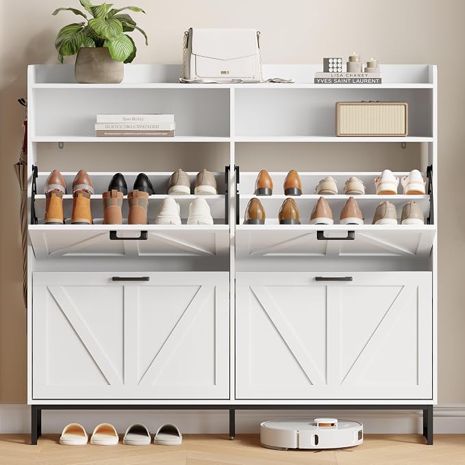 Shoe Cabinet with 4 Flip Drawers, Freestanding Hidden Shoe Storage Organizer for Entryway, Narrow Slim Shoe Rack Cabinet with Open Storage & Hooks for Front Door Entrance, Living Room, Hallway, White