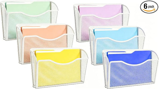 Gawerk Mesh Hanging Wall File Holders, Metal Vertical Wall Basket Mail Organizer for Office/Home (White, 6 Pack Wall Mounted)