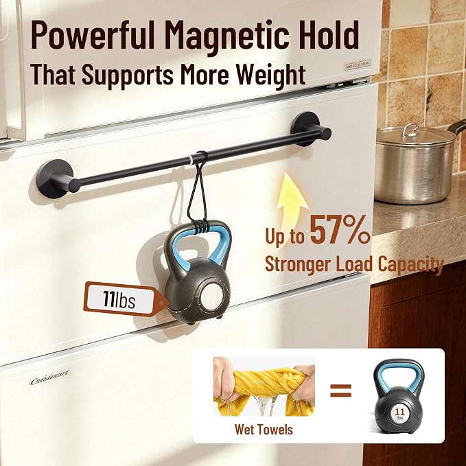 Magnetic Towel Bar, Adjustable Towel Rod with Larger Magnetic Base & Hidden Magnet Design, Non-Slip Magnetic Towel Holder for Refrigerator, Dishwasher, Oven, Washer (Matte Black, 1Pack)