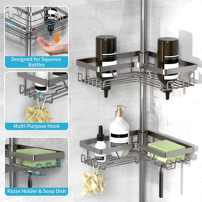 KEGII Corner Shower Caddy Tension Pole, Bathroom Organizer, Gunmetal Gray | 4-Tier Rustproof Storage with Soap Dish, Razor Holder and Hooks, Space-Saving Bathtub Shelf for Apartments and Families