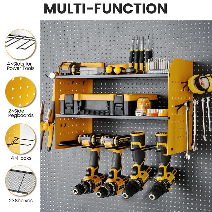 TRZZ Power Tool Organizer Wall Mount, 3-Layer Drill Rack, Yellow | 2 Side Pegboards, 4 Hooks, Cordless Drill Holder, Efficient Storage, for Workshop, Garage, Tool Room