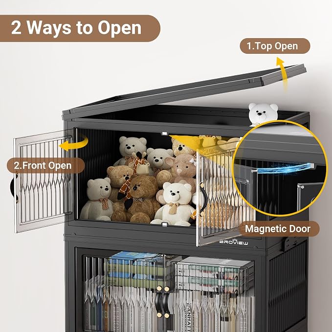 BROVIEW 480 Qt Stackable Storage Bins with Lids, Plastic Closet Organizers and Storage Drawer, Collapsible Storage Box with Wheels, Folding Storage Cabinet for Closet Clothes Organization, 4Pack Black