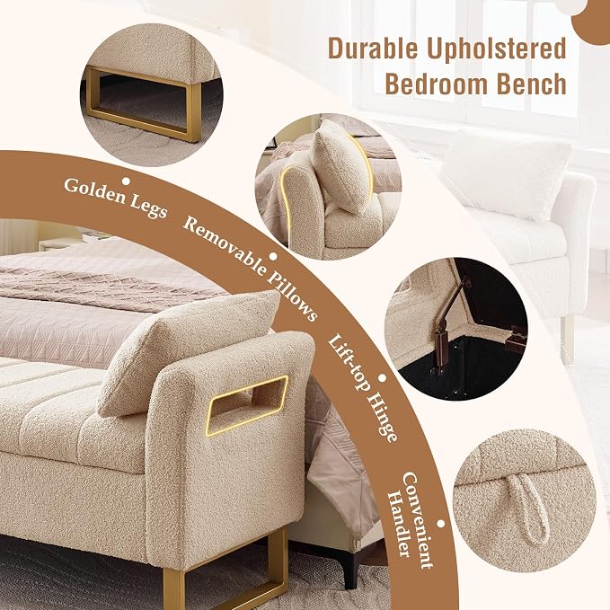 52" Storage Bench for Bedroom Upholstered End of Bed Bench Queen Size Beige | Bedroom Benches for Foot of Bed Queen with Gold Legs,2 Pillows,Teddy Storage Ottoman Bench for Bedroom,Entryway,Cloakroom