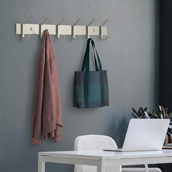 Coat Rack Wall Mount – Brushed Nickel 17 Inch Stainless Steel Hook Rail with 6 Heavy Duty Double Coat Hooks – Wall Mounted Coat Hanger for Entryway, Bathroom, Bedroom, Towel, Hat Organizer