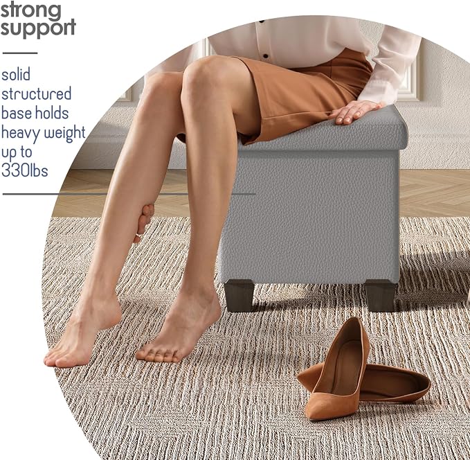 Storage Ottoman Cube with Small Bin, 15-in Square Ottoman with Storage for Living Room and Bedroom, Small Ottomans Foot Rest, Leather Foot Stools Ottomans Max 330lbs, Light Grey