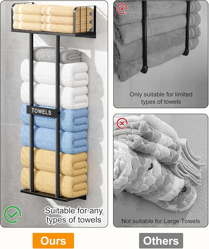 Towel Racks for Bathroom with Top Towel Shelf Hold 8 Large Rolled Towels, 36" Wall Mounted Bathroom Towel Storage Organizer for Small Bathroom, Camper, Rv (Black)