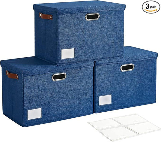 15" Large Collapsible Storage Bins with Lids, Stackable Closet Organizers with PU Handle and Labels, 3-Pack Decorative Fabric Storage Boxes for Home, Bedroom, Closet, Office, Nursery(Navy)