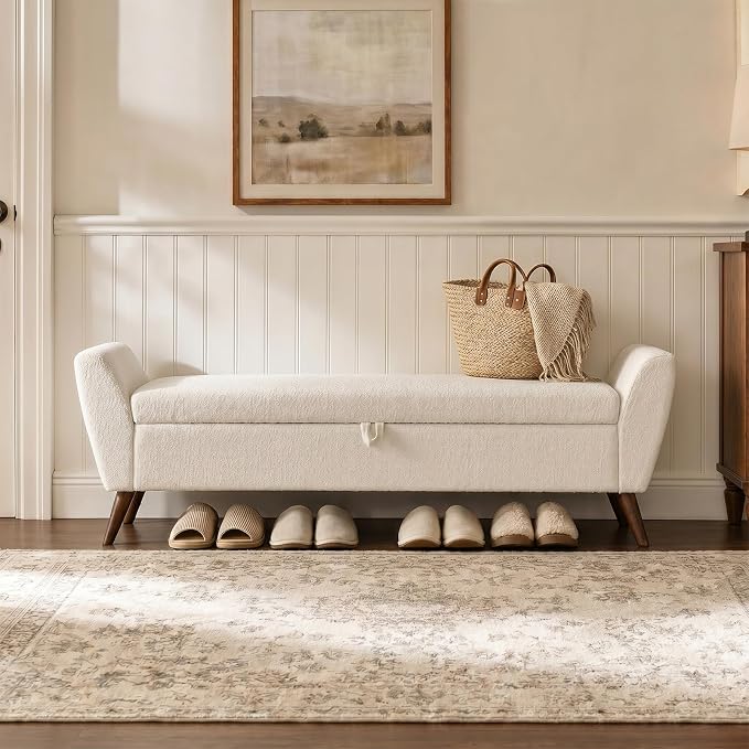 60" Storage Ottoman Bench, End of Bed Bench King Size Beige | Solid Wood Legs, Large Hidden Storage, High-Resilience Foam, Teddy Fabric