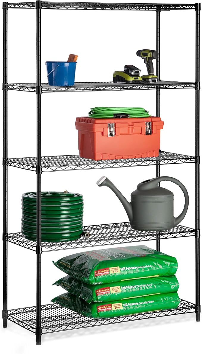Honey-Can-Do 5-Tier Steel Shelving Unit, 800 lb/Shelf, Black, 42x18x72 in | Holds 4,000 lb total across 5 adjustable steel shelves; tool-free build in 25 min; leveling feet for uneven floors