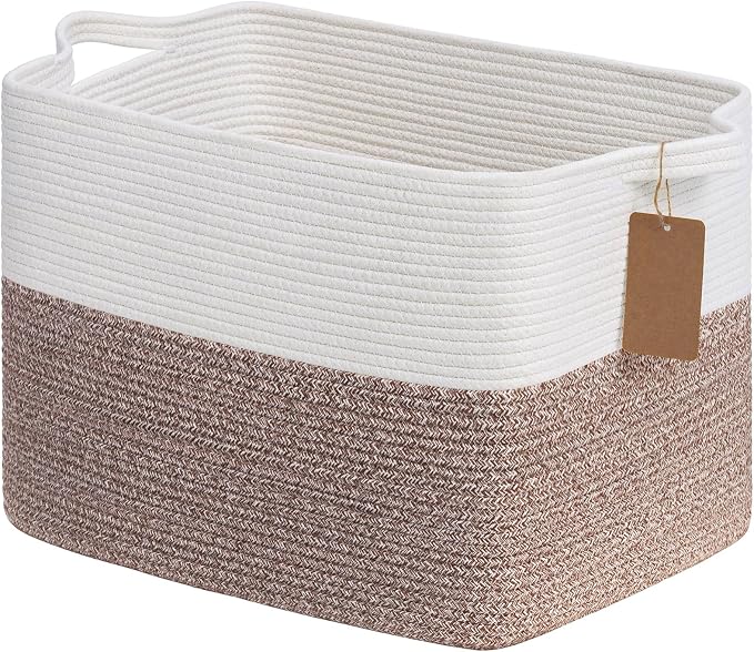 Goodpick Large Rectangle Cotton Rope Storage Basket, Brown | 50L, 18 × 14 × 12 in, Reinforced Handles, Blankets, Toys & Clothes Storage, Living Room, Bedroom & Nursery Organization