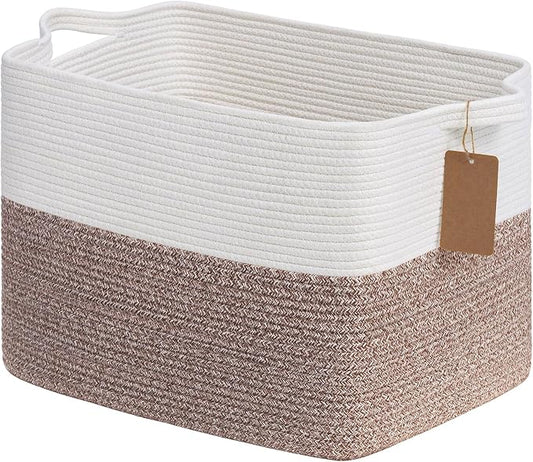 Goodpick Large Rectangle Cotton Rope Storage Basket, Brown | 50L, 18 × 14 × 12 in, Reinforced Handles, Blankets, Toys & Clothes Storage, Living Room, Bedroom & Nursery Organization