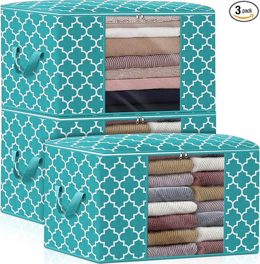 WISELIFE Storage Bags 100L 3-Pack Large Blanket Clothes Organization and Storage Containers for Bedding, Comforters, Foldable Organizer with Reinforced Handle, Clear Window, Sturdy Zippers,Green