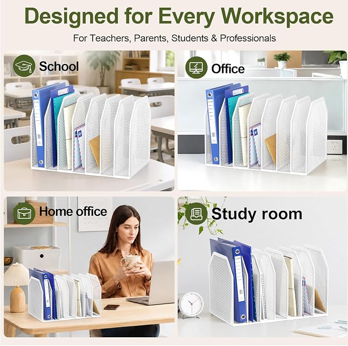 FANXIYQ White 7-Section File Folder Organizer for Desk, Metal Vertical File Holder Stand, Desktop File Organizer Rack for Letter/A4 Folders, Papers, Books, Office Classroom Home