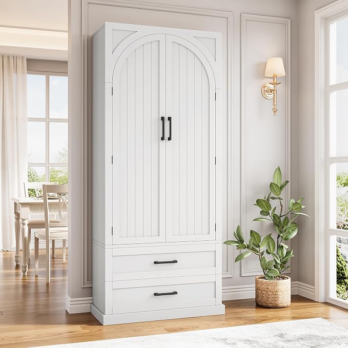 iPormis 71" Tall Kitchen Pantry Storage Cabinet w/Door and Adjustable Shelf & Large Drawers, Freestanding Kitchen Cupboard for Dining Room/Living Room, White