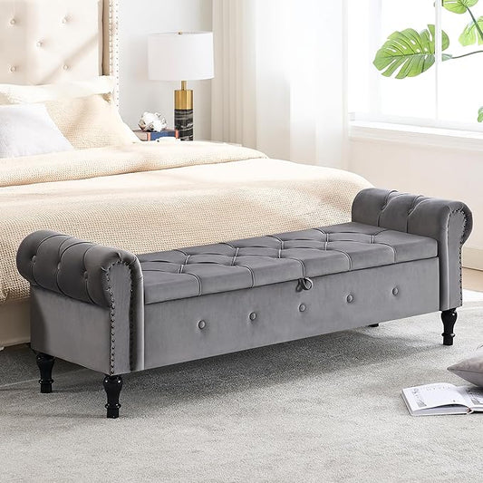 Storage Bench 67" Velvet End of Bed Benches Dark Grey | King Size Storage Bench for Bedroom with Rolled Arms Tufted Ottoman Benches Upholstered Bench for Living Room Entryway