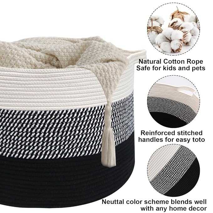 90L Extra Large Blanket Basket,Woven Laundry Basket-Mixed Black | Collapsible Nursery Storage Bin with Sturdy Handles, Organizes Clothes, Toys and Pillows for Living Room, Bedroom, Bathroom