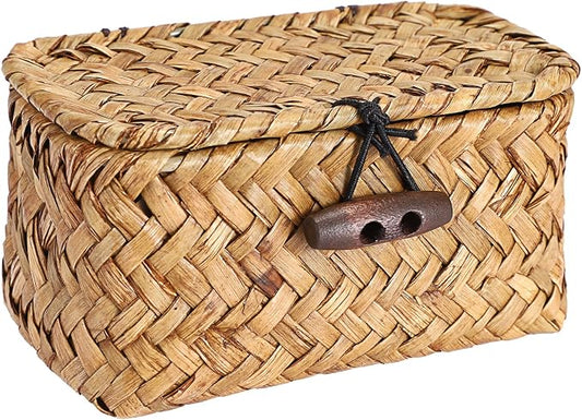 Hipiwe Handwoben Seagrass Basket With Lid Wicker Storage Baskets Decorative Shelf Basket Mini Desktop Organizer, Caramel 4.3" x 2.5" x 2.1"