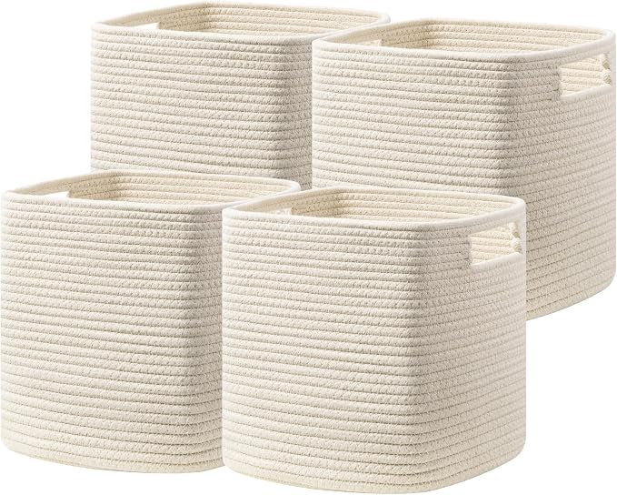 UBBCARE Set of 4 Storage Cubes-11 X 10.5 X 10.5 In, Cotton Rope Basket for Shelves, Toys, Book, Cube Storage Bin with Handles, Woven Storage Basket for Organizing, Beige