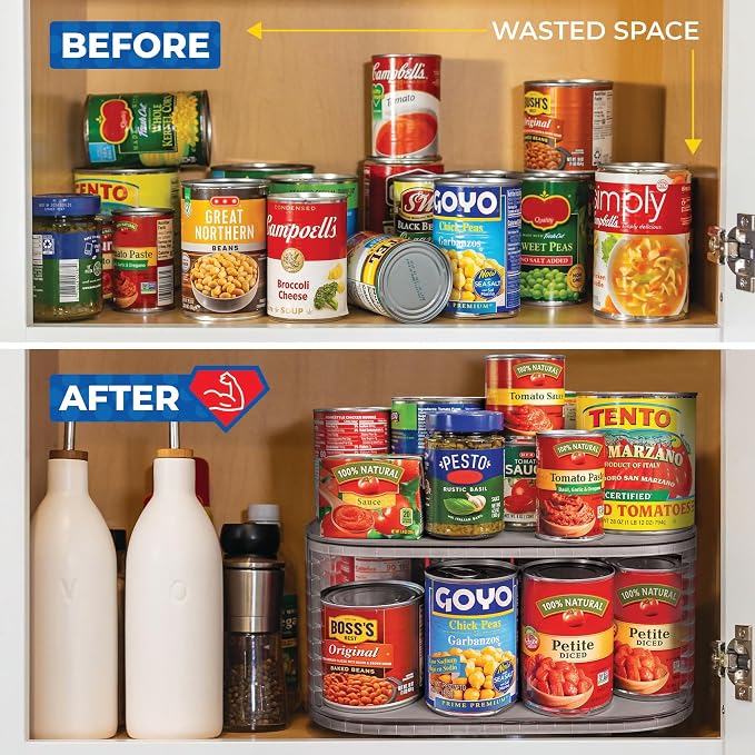 2-Tier Lazy Susan Pantry Organizer – Steel Reinforced Turntable for Kitchen Cabinets & Pantry Storage – Heavy-Duty Can Organizer Holds Up to 30 lbs – Rotates 360° – Includes 2 Bonus Bins
