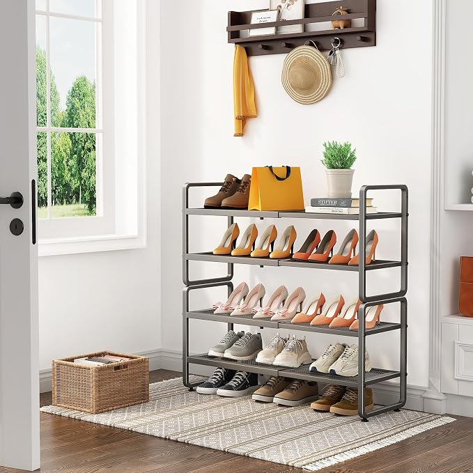 SNTD Shoe Rack - Expandable Shoe Organizer for Closet, Adjustable Metal Shoe Shelf Storage, Stackable Long Shoe Stand Holder for Garage, Entryway, Door Entrance (Grey, 4-Tier)