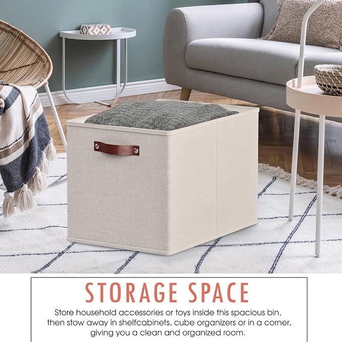 Ornavo Home 13x15x13 Foldable Fabric Storage Cube Bins, 6 Pack, Beige | Collapsible Linen Shelf Basket Organizer; Leather Handles; Fits Cube Storage Shelving Units