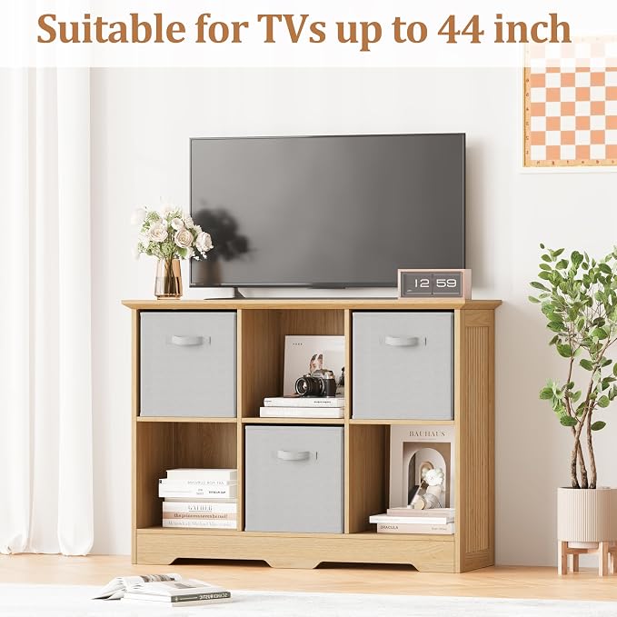 6 Cube Storage Organizer Shelf, Wood Cubby Storage with 3 Fabric Drawers | 2 Tier Wooden Bookshelf with 2 Adjustable Shelves, Fluted Side Panels Bookcase for Bedroom, Living Room, Home Office, Wood