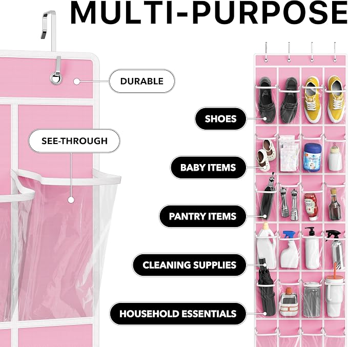 Simple Houseware 24 Pockets Clear Over the Door Shoe Organizer, Pink | 64" x 19", 4 Durable Metal Hooks, 4.3" x 9.5" Pocket Size, Multipurpose