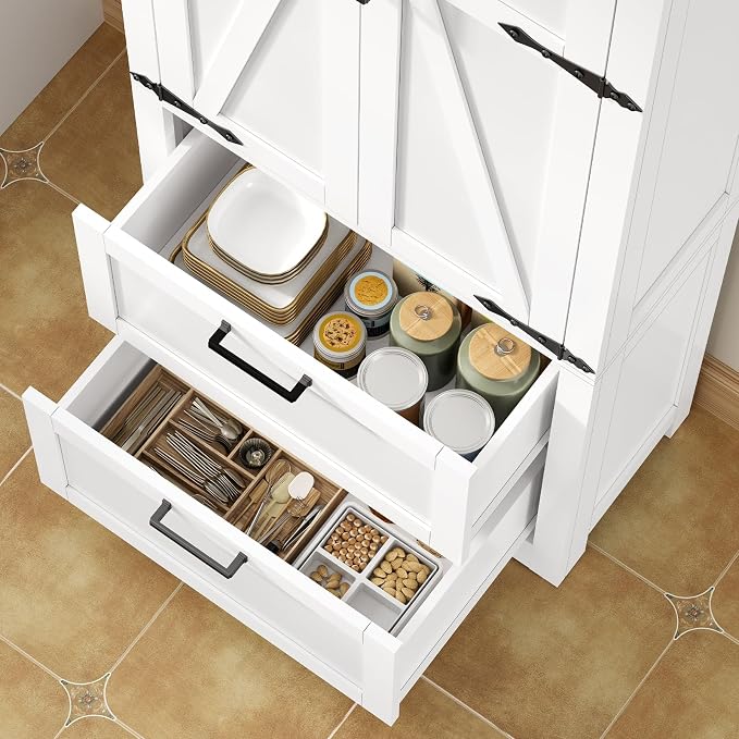 TEENFON 66.1" H Storage Cabinet with 2 Drawers, Farmhouse Kitchen Pantry Cabinet with 2 Doors & Adjustable Shelf, Bathroom Cabinet, for Living Room, Kitchen, Bathroom, White