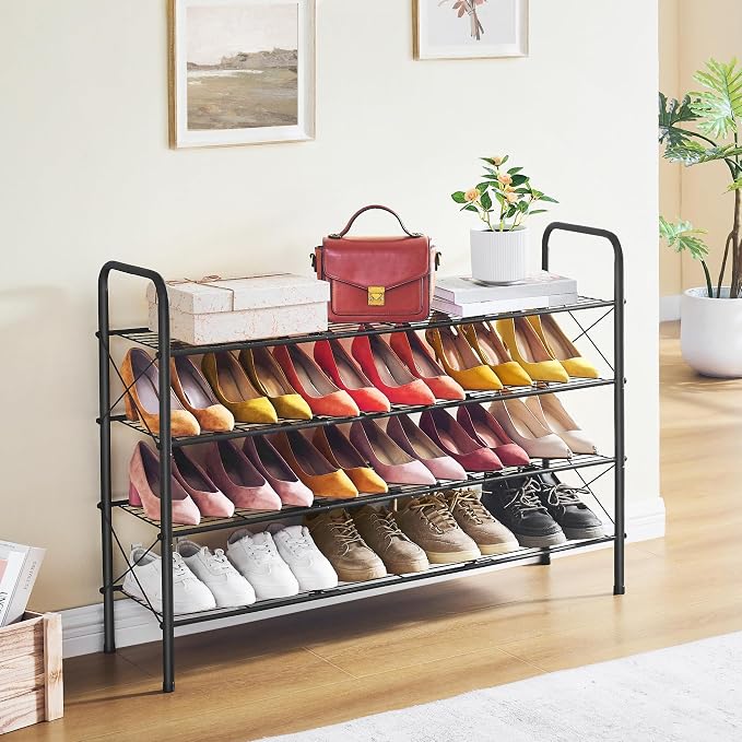 Hoctieon 4 Tier Mesh Style Shoe Rack, Entryway Shoe Shelf, Shoe Storage Organizer, Shoe Rack for Closet, Space Save for Bathroom, Garage, Hallway, Bedroom, Living Room, Black