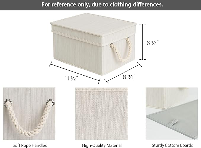 StorageWorks Storage Bins with Lids, Decorative Storage Boxes with Soft Rope Handles, Foldable Stackable Storage Baskets for Closet, Shelves, 3-Pack, Ivory and White, Medium
