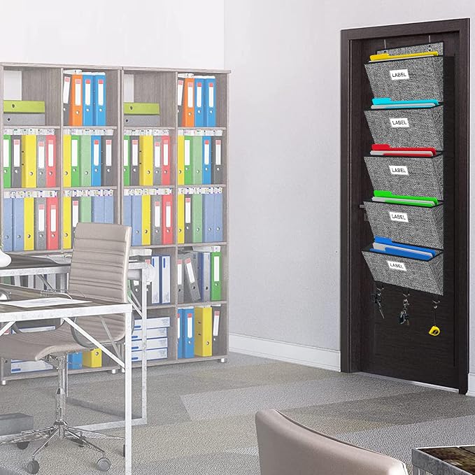 Over the Door File Organizer, Hanging Wall File Folders with 5 Large Pockets for Papers, Charts, Mails, Magazine, Office and Back To Supplies Storage and Organization (Black)