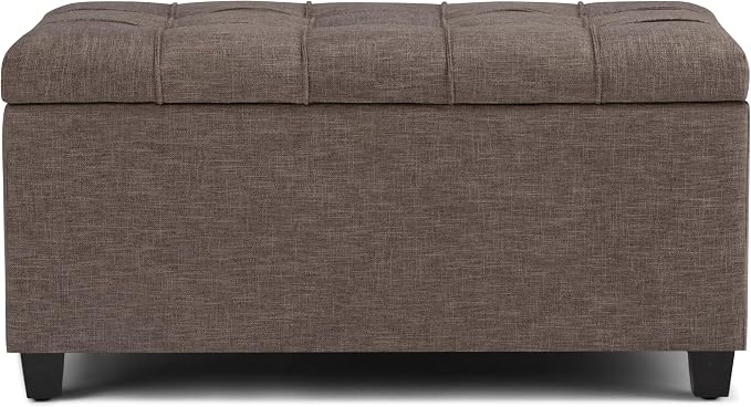 SIMPLIHOME Sienna 33" Wide Vegan Leather Storage Ottoman in Satin Cream | Tanners brown, transitional ottoman with tufting and lift-up lid; rectangle storage bench for living room or entryway.