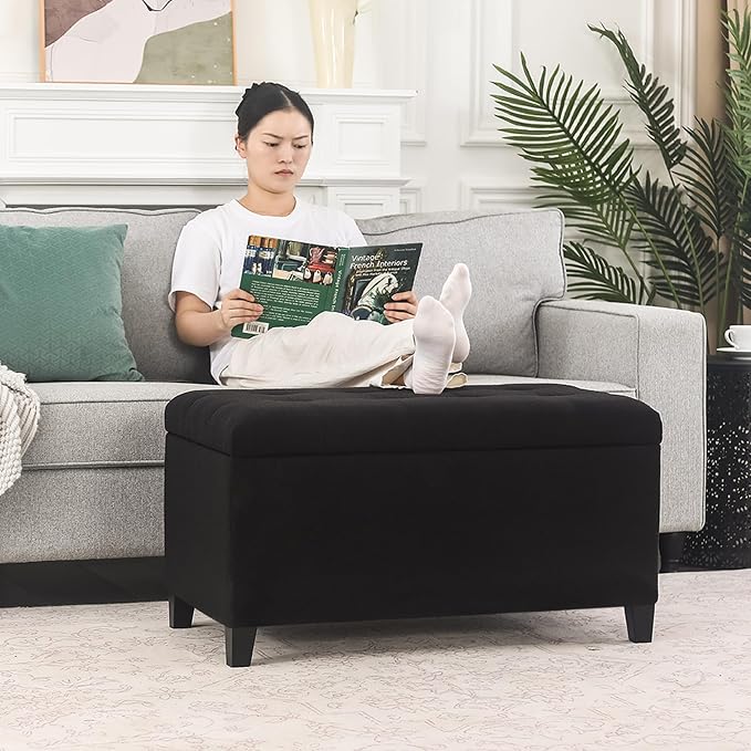 Storage Ottoman Bench, Tufted Fabric Upholstered End of Bed Bench with Safety Hinge Wooden Legs, for Entryway Bedroom (Cotton and Linen Black, 33.3")