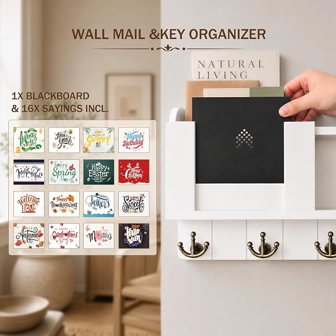 Rebee Vision Key Holder Wall Mount with Mail Organizer for Entryway, White | Key Holder for Wall, 4 Key Hooks, Floating Shelf, Home Decor, Mail Sorter, Key Hanger, with Chalkboard, Apartment Essential