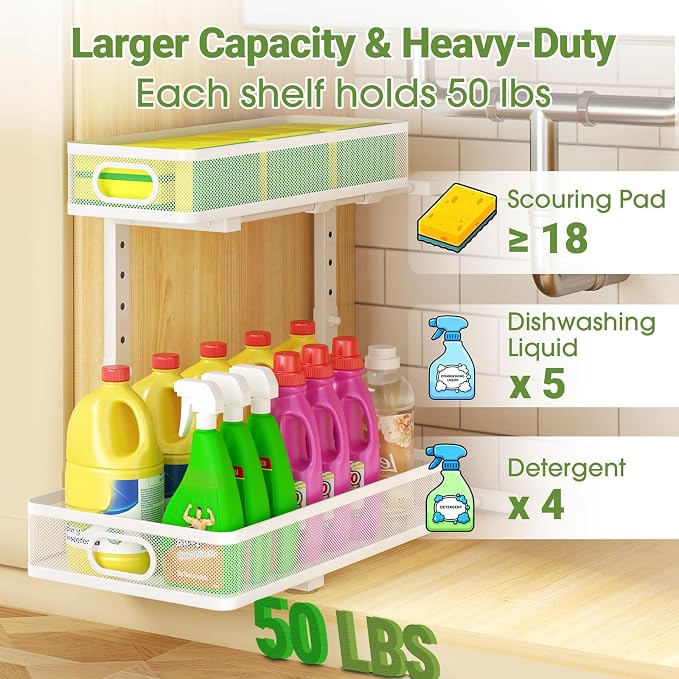 Under Sink Organizer 2-Pack, Metal 2-Tier Pull-Out Cabinet Shelf with Slide-Out Mesh Drawers, Height Adjustable, Space-Saving Under Sink Storage Racks for Kitchen, Bathroom, Laundry Room, White