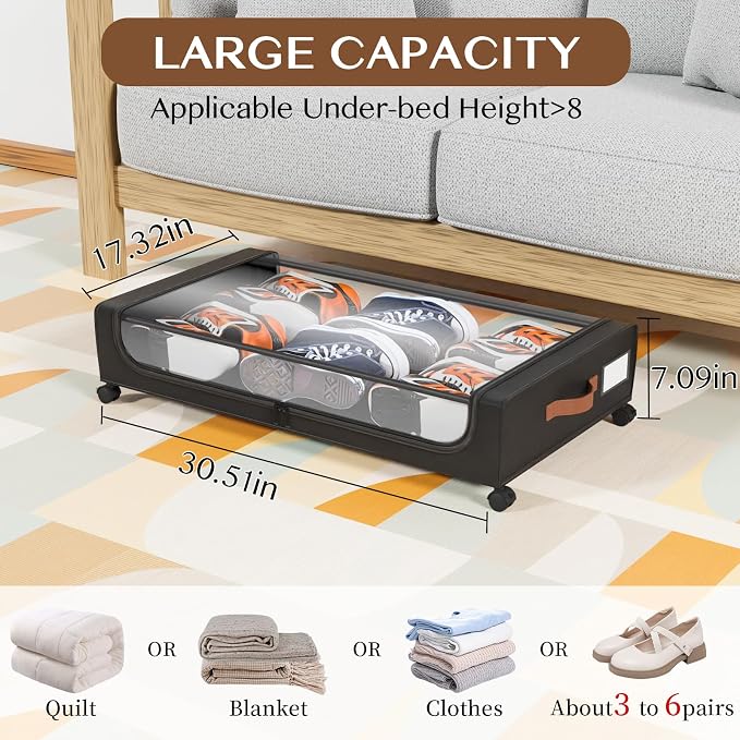 Under Bed Storage with Wheels, UnderBed Storage Containers with Clear Lid and Handles, XXL 60L Under the Bed Storage Bins Drawers for Clothes,Blankets,Shoes,Books (BLACK, 4 PACK)
