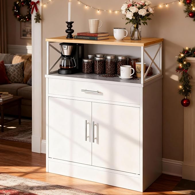 Farmhouse Buffet Sideboard with 2 Doors and 1 Drawer, Open Storage & Adjustable Shelf, Coffee Bar Cabinet for Kitchen/Laundry/Living Room, White
