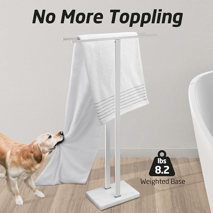 KES Standing Towel Rack, 37" H, 18/8 Stainless Steel & Marble Base Polished | Equal-Height Rods, 8.23 Lbs Heavy Base, Fits Towels Up To 70", Freestanding Design, Bathroom Floor, Modern