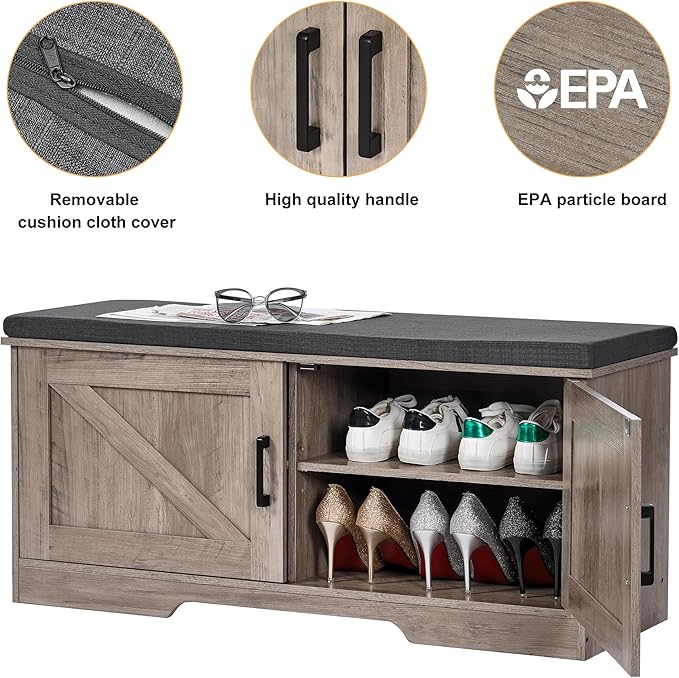 HOMSHO Farmhouse Shoe Storage Bench with 2 Barn Doors & Padded Seat Cushion | 39.4" Wide Entryway Bench with Adjustable Shelves & Hidden Storage, Greige