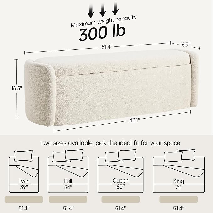 VKNOW Storage Bench, Upholstered Storage Ottoman Bench with Hinge, Beige | Ottoman Bench with Large Capacity, Curved Frame, King Size Bench, Storage Bench for Bedroom, Living Room, Entryway, Window