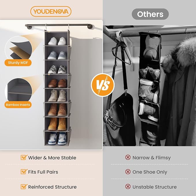 YOUDENOVA Upgraded Hanging Shoe Organizer for Closet, 8-Shelf, Grey | Extra Wide Design, 8 Side Pockets, Hanging Shoe Rack Hanger, Dorm Storage, Perfect for Storing Shoes, Hats, Clothes, Jeans
