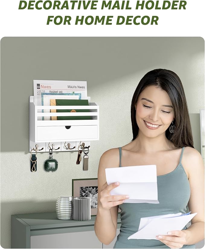 Rebee Vision Mail Organizer Wall Mount with Drawer for Living Room, White | Modern Key and Mail Holder for Wall, Drawer Organizer, 7 Key Hooks, Mail Sorter, Hallway, Office Essentials, Home Decor