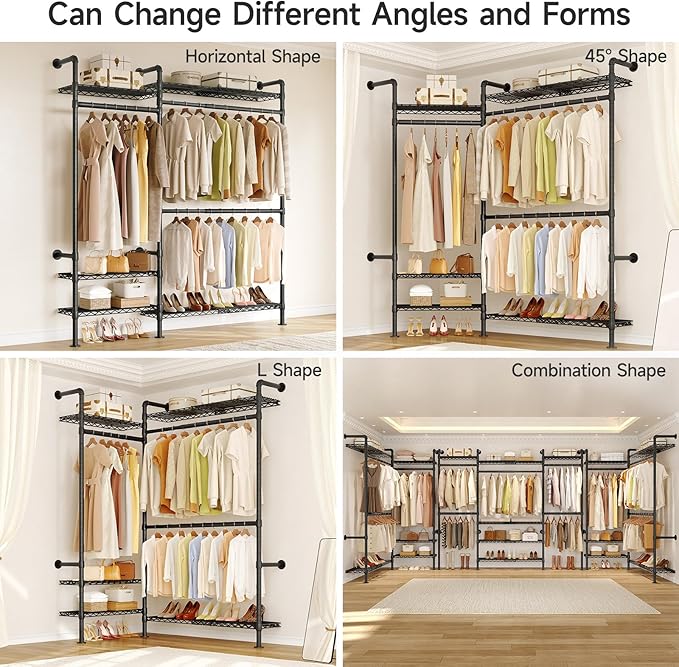 H2 Plus Expandable Wall Mounted Closet System, 3.8FT-5.1FT Closet Organizer with Telescopic Shelves & Adjustable Rods, Industrial Pipe Clothing Rack for Walk-in & Reach-in Closet (Black)